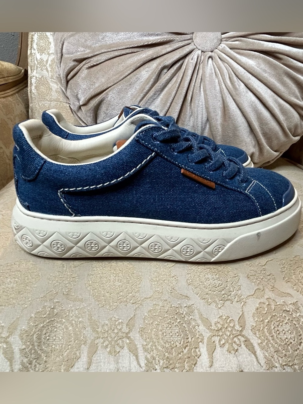 Sz 7.5 Tory Burch Ladybug Denim Leather Sneakers in “Azul”